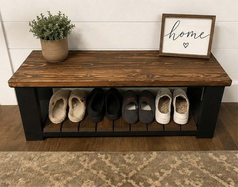 Handmade Rustic Farmhouse Entryway Bench with Shoe Shelf