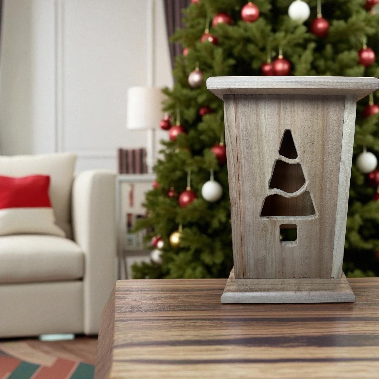 Rustic Cedar Christmas tree Wood Lantern 12" tall