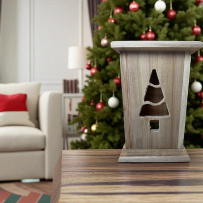 Rustic Cedar Christmas tree Wood Lantern 12" tall