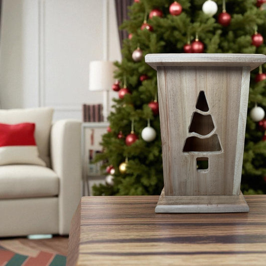 Rustic Cedar Christmas tree Wood Lantern 12" tall
