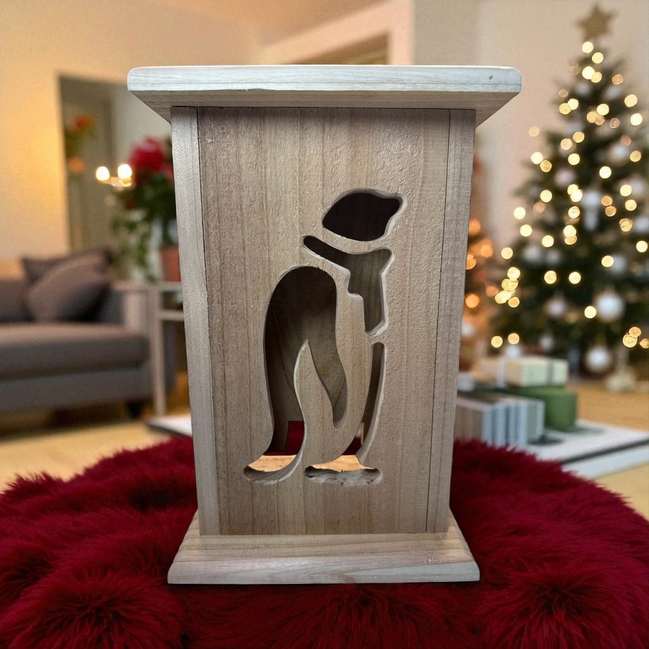 Rustic Cedar Christmas Penguin Wood Lantern 12" tall