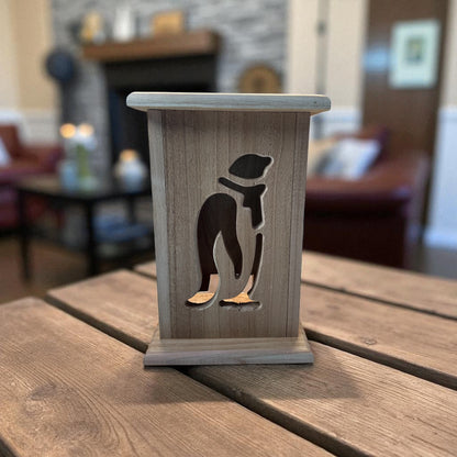 Rustic Cedar Christmas Penguin Wood Lantern 12" tall