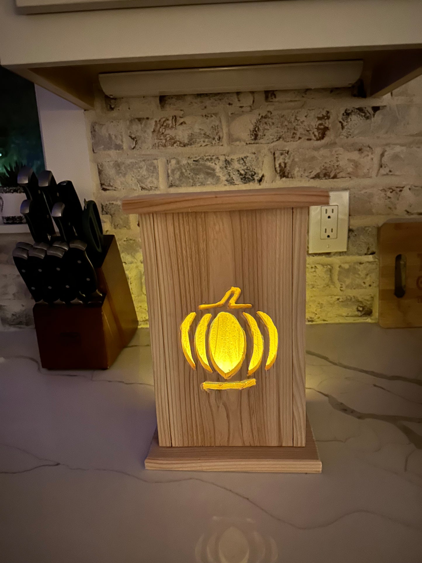 Rustic Cedar lantern with Pumpkin design 12" tall 🎃