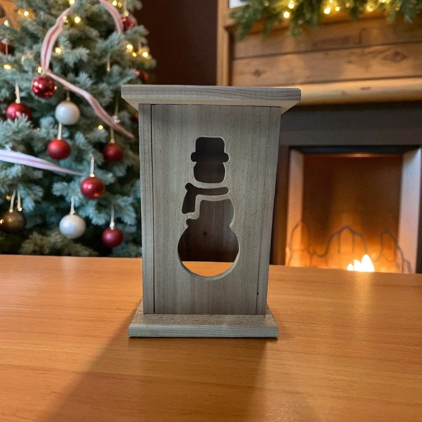Rustic Snowman Christmas Wood Lantern 12" tall