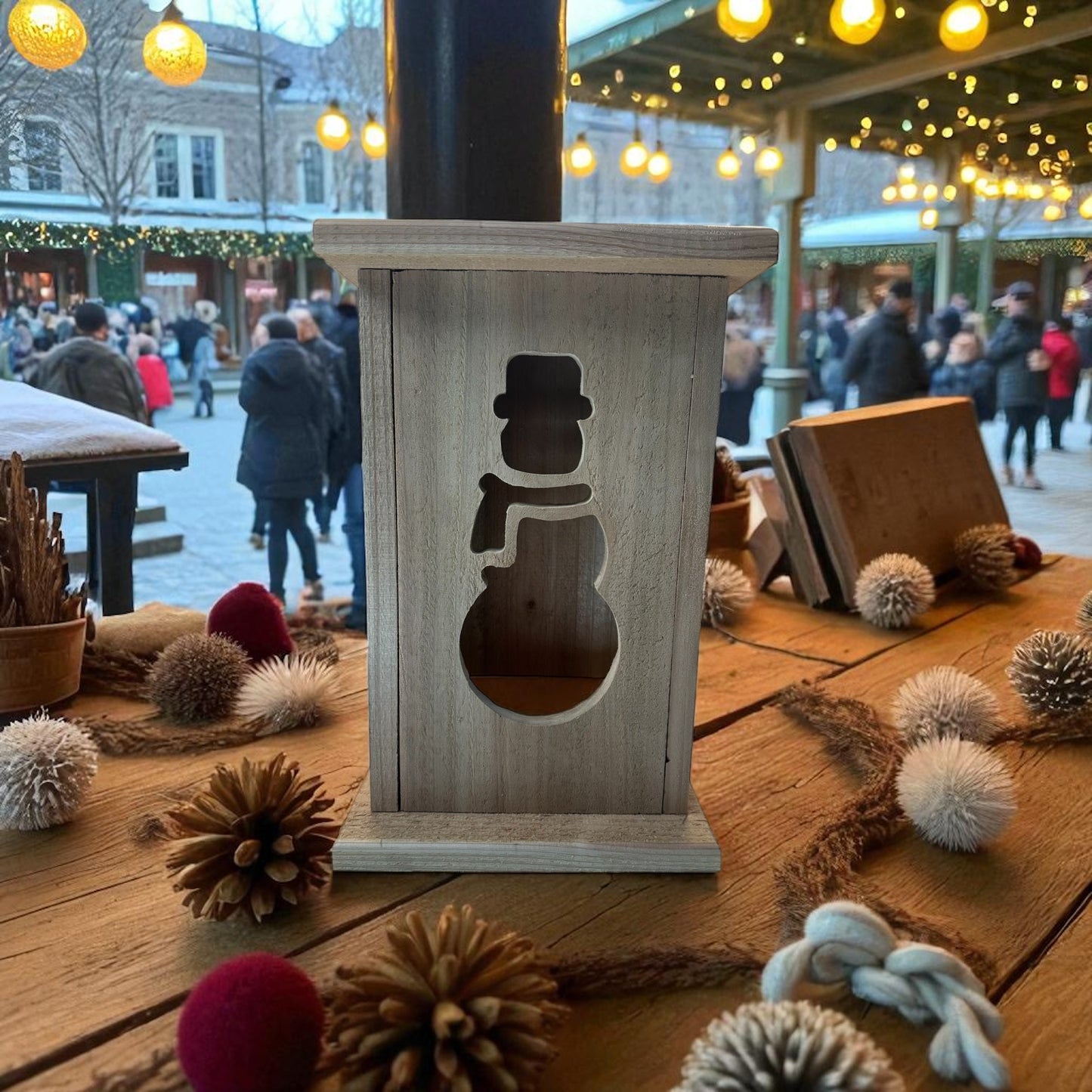 Rustic Snowman Christmas Wood Lantern 12" tall