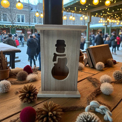 Rustic Snowman Christmas Wood Lantern 12" tall